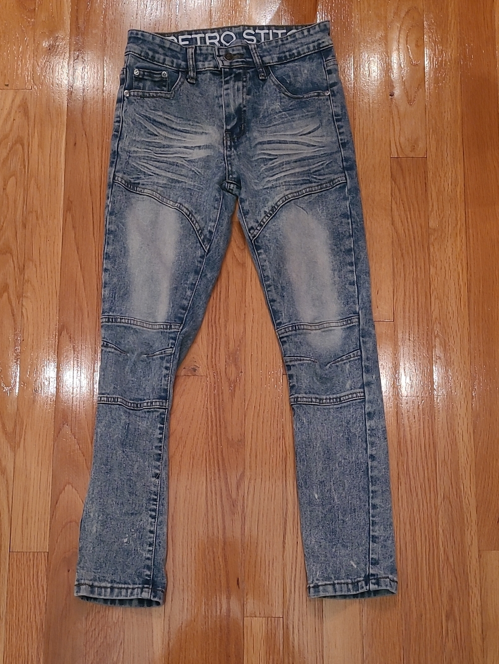 Retro Stitch Boy's Acid Washed Blue Moto Skinny Jeans - Size - 12